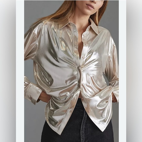 Anthropologie Metallic Silver Blouse NWT shine button up sparkle shimmer - Picture 6 of 6